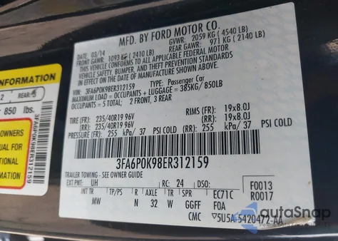 2014 Ford Fusion Titanium z USA, uszkodzony, nr VIN 3FA6P0K98ER312159